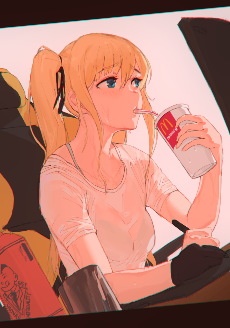 bangs bendy_straw black_gloves black_ribbon blonde_hair blue_eyes blush bra_strap breasts collarbone commentary cup disposable_cup drawing_tablet drinking drinking_straw dutch_angle eyebrows_visible_through_hair eyeshadow gloves hair_ribbon highres holding holding_cup hot long_hair makeup mcdonald's medium_breasts monitor original ribbon see-through seung_mo_kim shirt short_sleeves side_ponytail sidelocks single_glove sitting solo stylus sweat table upper_body wet wet_clothes white_shirt