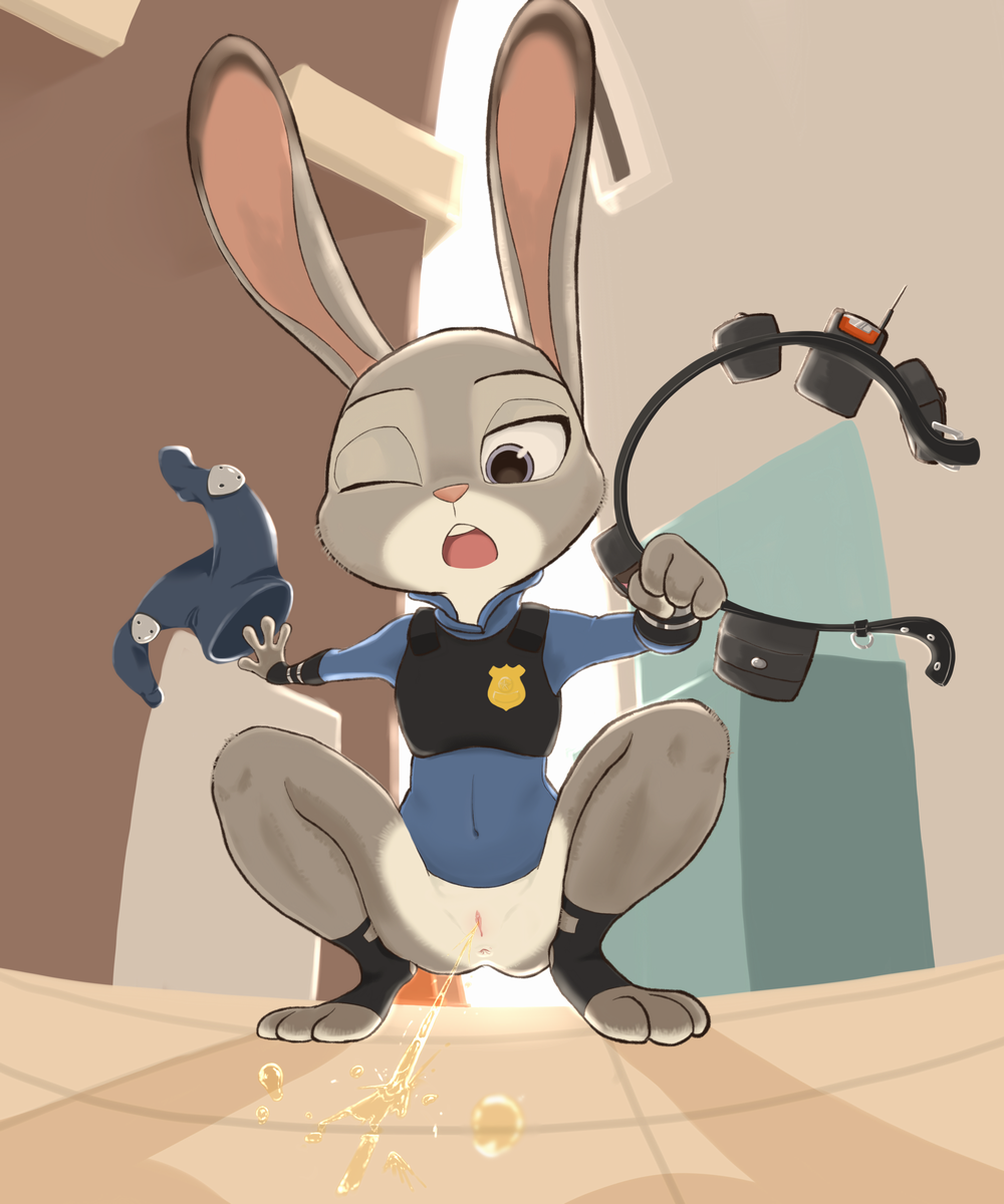 anus belt bottomless clitoris clothed clothing crouching disney female flat_chested full_body hi_res inside judy_hopps lagomorph mammal one_eye_closed open_mouth pants peeing police_uniform purple_eyes pussy rabbit sake_(pixiv) shirt solo spread_legs spreading teeth uncensored undressing uniform urine vest watersports zootopia