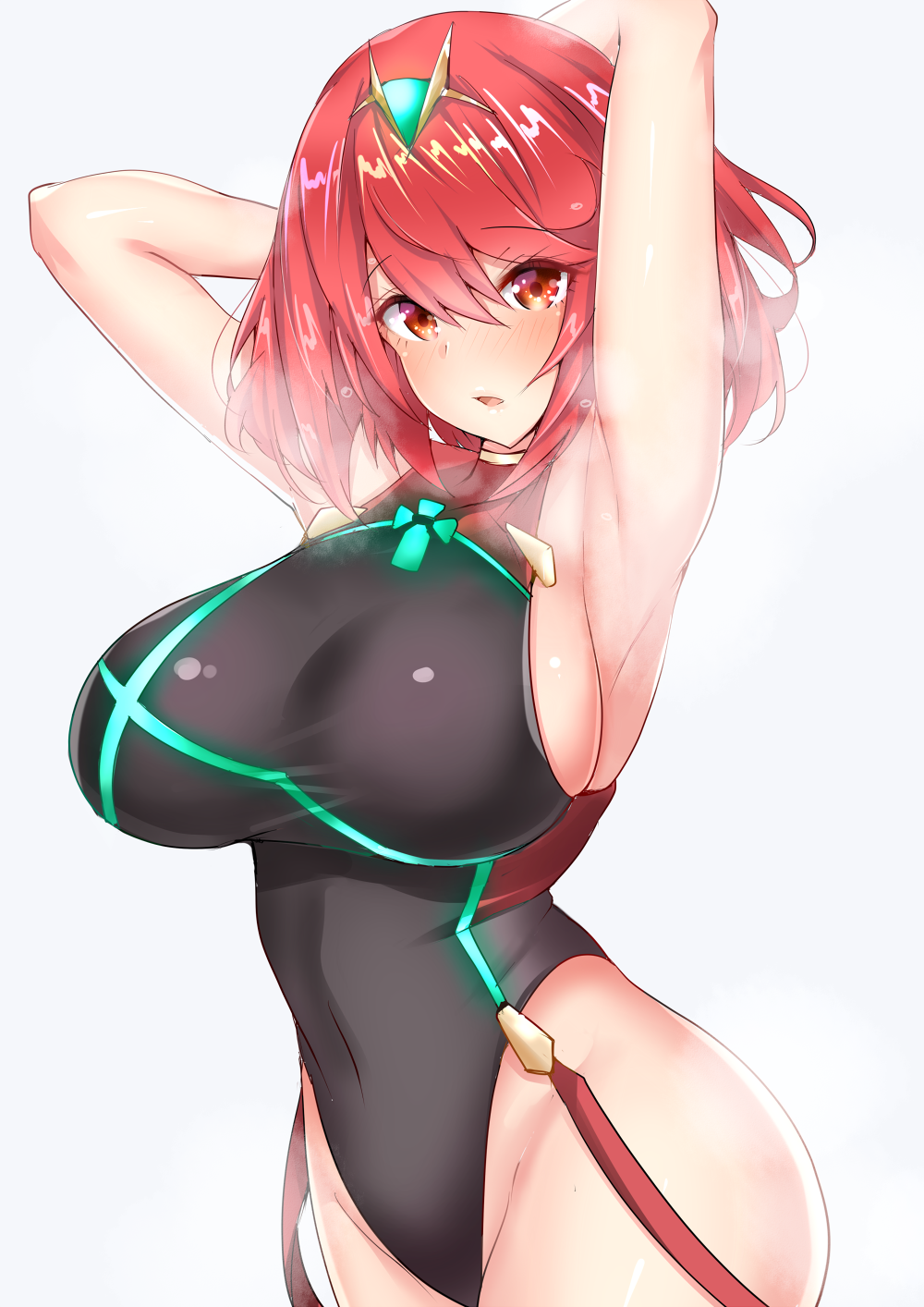 armpits arms_behind_head arms_up bangs black_swimsuit blush breasts commentary_request covered_navel earrings headpiece heavy_breathing highleg highleg_swimsuit highres hips homura_(xenoblade_2) jewelry large_breasts looking_at_viewer one-piece_swimsuit open_mouth red_eyes red_hair red_swimsuit sankakusui short_hair sideboob sidelocks solo swept_bangs swimsuit tiara two-tone_swimsuit xenoblade_(series) xenoblade_2
