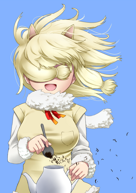 alpaca_ears alpaca_suri_(kemono_friends) animal_ears blonde_hair blue_background breast_pocket commentary_request covered_eyes extra_ears floating_hair fur-trimmed_sleeves fur_scarf fur_trim hair_over_eyes hand_up holding holding_spoon kemono_friends long_sleeves medium_hair neck_ribbon open_mouth pocket ragi_(schrdngr) ribbon scarf shirt smile solo spoon teapot upper_body vest wind