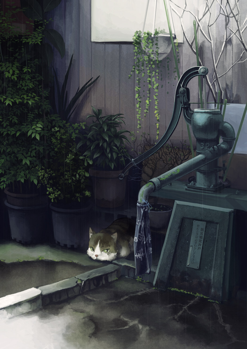 bonsai cat cloth concrete day fence green_eyes hand_pump hanging_plant highres kusakabe_(kusakabeworks) looking_at_viewer moss no_humans original outdoors plant potted_plant rain scenery tokyo_(city) translation_request wooden_wall