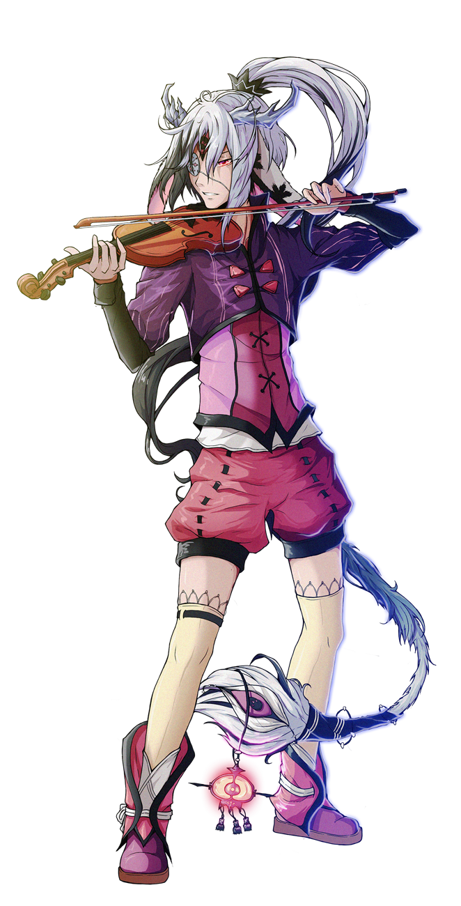 animal_ears arina_chaika eyepatch full_body high_ponytail highres horns illese instrument long_hair male_focus music original playing_instrument self_upload shorts tail thighhighs transparent_background violin white_hair