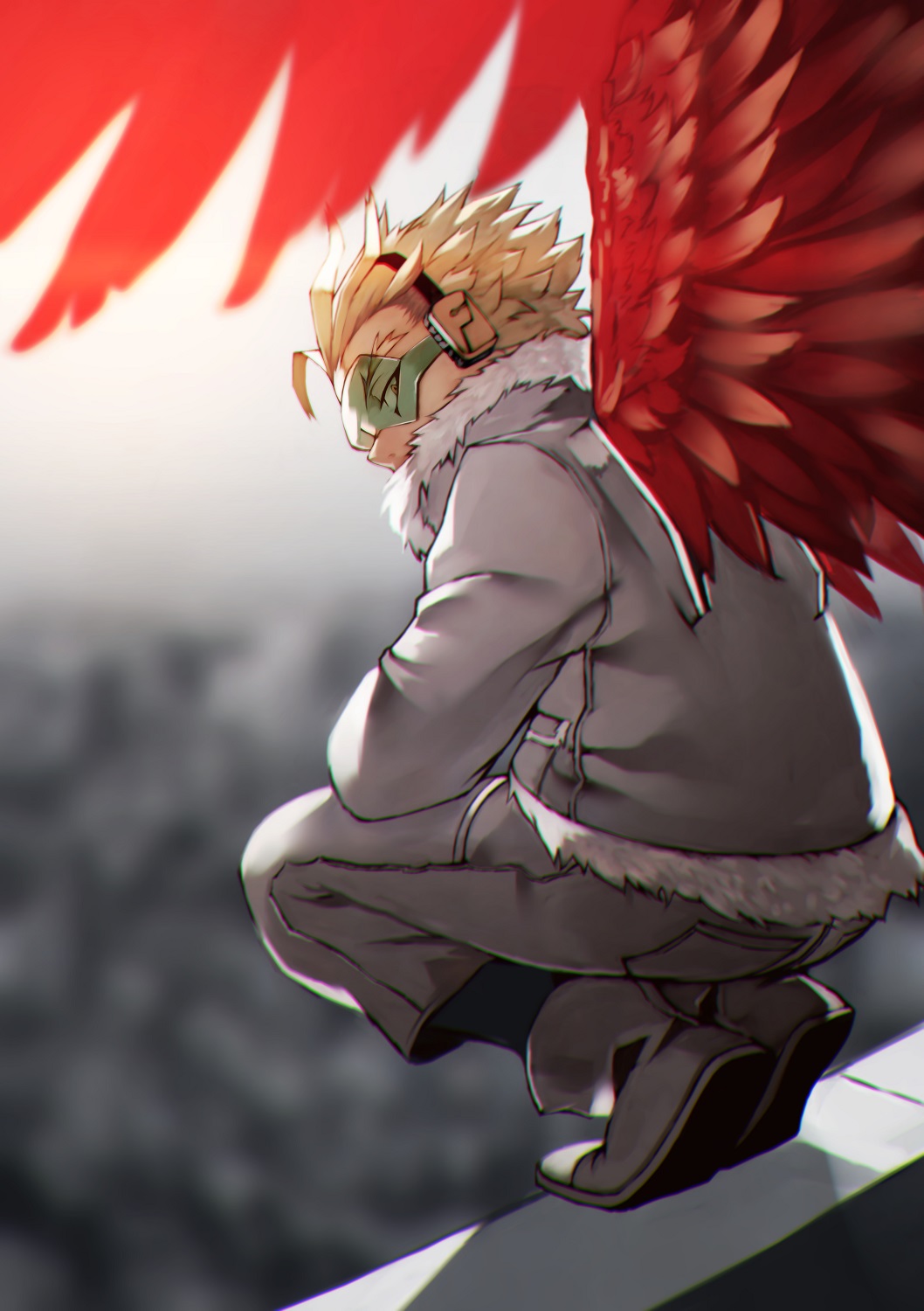 55level ankle_boots blonde_hair blurry blurry_background boku_no_hero_academia boots brown_eyes coat commentary_request day depth_of_field feathered_wings from_behind full_body fur_collar glaring goggles grey_coat grey_footwear grey_pants hawks_(boku_no_hero_academia) headphones highres long_sleeves looking_at_viewer looking_back male_focus outdoors pants red_wings rooftop solo squatting thick_eyebrows wings winter_clothes winter_coat
