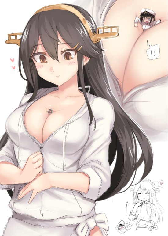 2girls ^_^ alternate_costume between_breasts black_hair blush breasts brown_eyes cleavage closed_eyes collarbone commentary_request female_admiral_(kantai_collection) giantess haruna_(kantai_collection) headgear heart hood hooded_jacket jacket kantai_collection large_breasts long_hair looking_at_another multiple_girls multiple_views person_between_breasts remodel_(kantai_collection) short_hair simple_background size_difference smile spoken_exclamation_mark under_clothes upper_body utopia white_background white_cap white_jacket zipper zipping