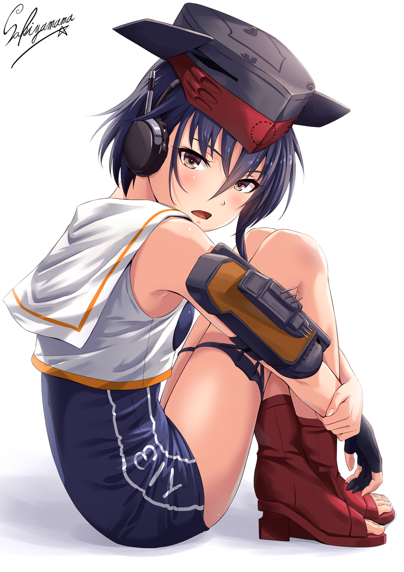 :o ankle_boots armlet artist_name blue_hair blue_swimsuit blush boots breasts brown_eyes character_name clothes_writing commentary_request crop_top crossed_ankles eyebrows_visible_through_hair framed_breasts from_side full_body gloves hair_between_eyes hat headset i-13_(kantai_collection) kantai_collection knees_up legs_together looking_at_viewer looking_to_the_side machinery no_socks one-piece_swimsuit open_mouth open_toe_shoes partly_fingerless_gloves red_footwear sailor_collar sakiyamama school_swimsuit short_hair signature single_glove sitting small_breasts solo swimsuit thigh_strap toeless_boots toes turret