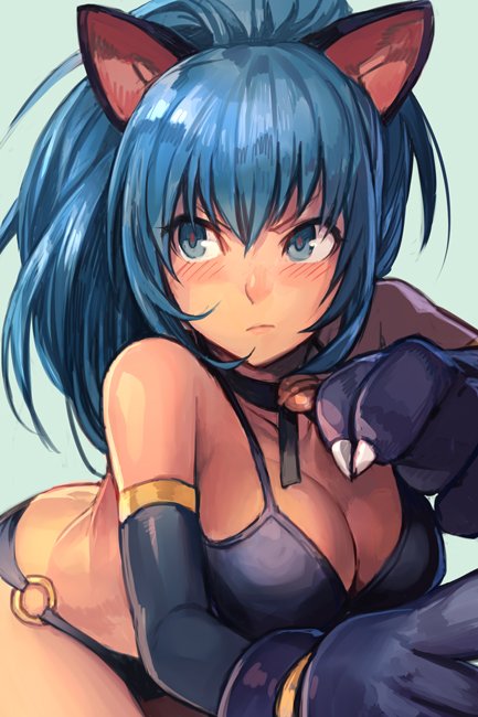bangs bare_shoulders bell bikini black_bikini black_gloves blue_hair blush breasts choker cleavage closed_mouth collarbone elbow_gloves gloves hair_between_eyes hankuri jingle_bell large_breasts leona_heidern long_hair looking_to_the_side o-ring paw_gloves paws ponytail simple_background snk_heroines:_tag_team_frenzy solo swimsuit the_king_of_fighters