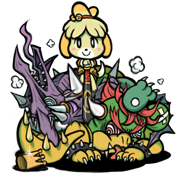 2018 animal_crossing anthro bandage baseball_bat blush bowser canine claws clothing crossover crown defeated donkey_kong_(series) dragon female group isabelle_(animal_crossing) king_k_rool kono_(pixiv) koopa kremling long_ears male mammal mario_bros metroid nintendo ridley scalie simple_background smile super_smash_bros video_games