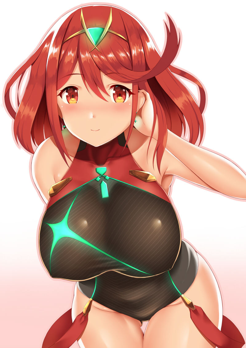 ass_visible_through_thighs bangs black_swimsuit blush breasts covered_navel earrings fingerless_gloves gloves headpiece homura_(xenoblade_2) jewelry large_breasts looking_at_viewer nose_blush one-piece_swimsuit red_eyes red_hair short_hair sidelocks simple_background solo swept_bangs swimsuit tiara white_background xenoblade_(series) xenoblade_2 zukky
