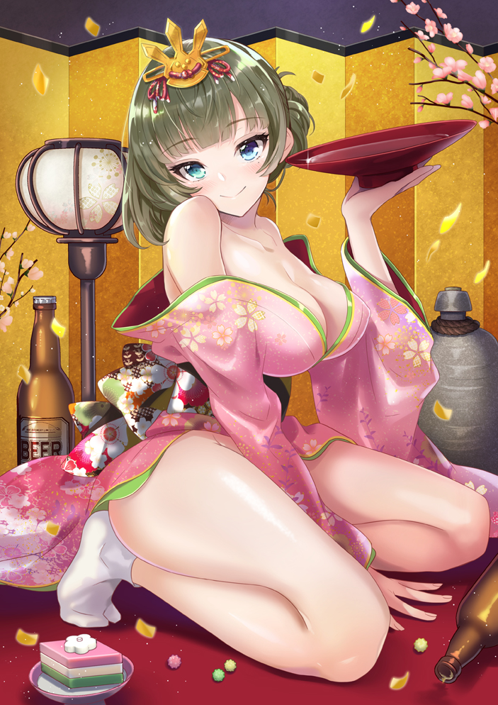 alcohol arm_support azuki_yui bangs bare_shoulders beer_bottle blue_eyes blush bottle breasts brown_hair candy collarbone commentary_request confetti cup eyebrows_visible_through_hair floral_print food green_eyes hair_ornament head_tilt heterochromia hinamatsuri hips hishimochi idolmaster idolmaster_cinderella_girls japanese_clothes kimono kneeling konpeitou large_breasts legs looking_at_viewer mole mole_under_eye off_shoulder pink_kimono sakazuki sake sake_bottle sash short_hair smile socks solo tabi takagaki_kaede thighs tied_hair wide_sleeves