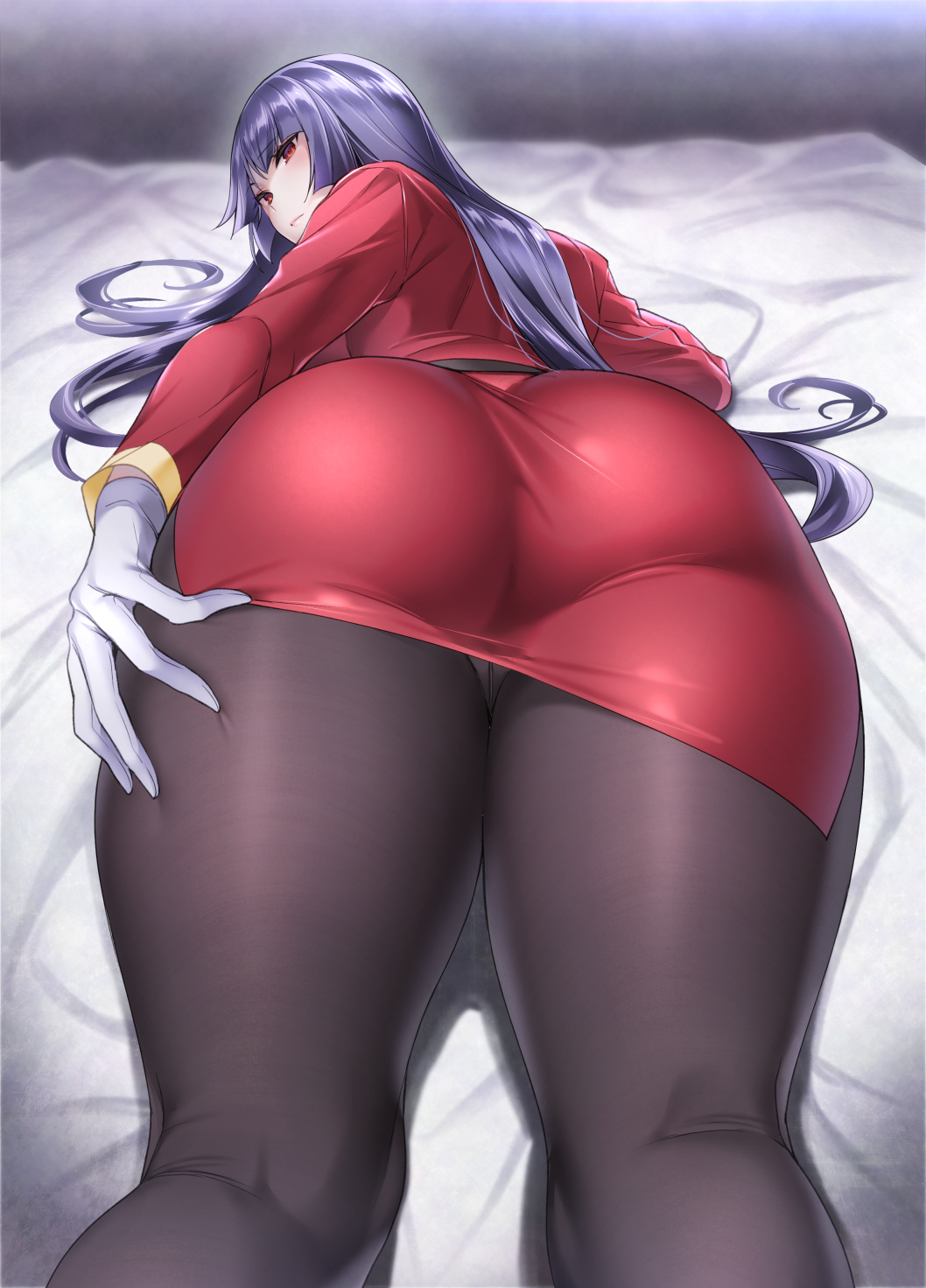 ass bangs black_bodysuit bodysuit closed_mouth commentary_request crop_top expressionless eyebrows_visible_through_hair gloves hand_on_own_leg highres hizuki_akira indoors kneepits long_hair long_sleeves looking_back lying natsume_(pokemon) on_bed on_stomach pantyhose pokemon pokemon_(game) pokemon_frlg purple_hair red_eyes red_shirt red_skirt shiny shiny_hair shirt skirt solo white_gloves