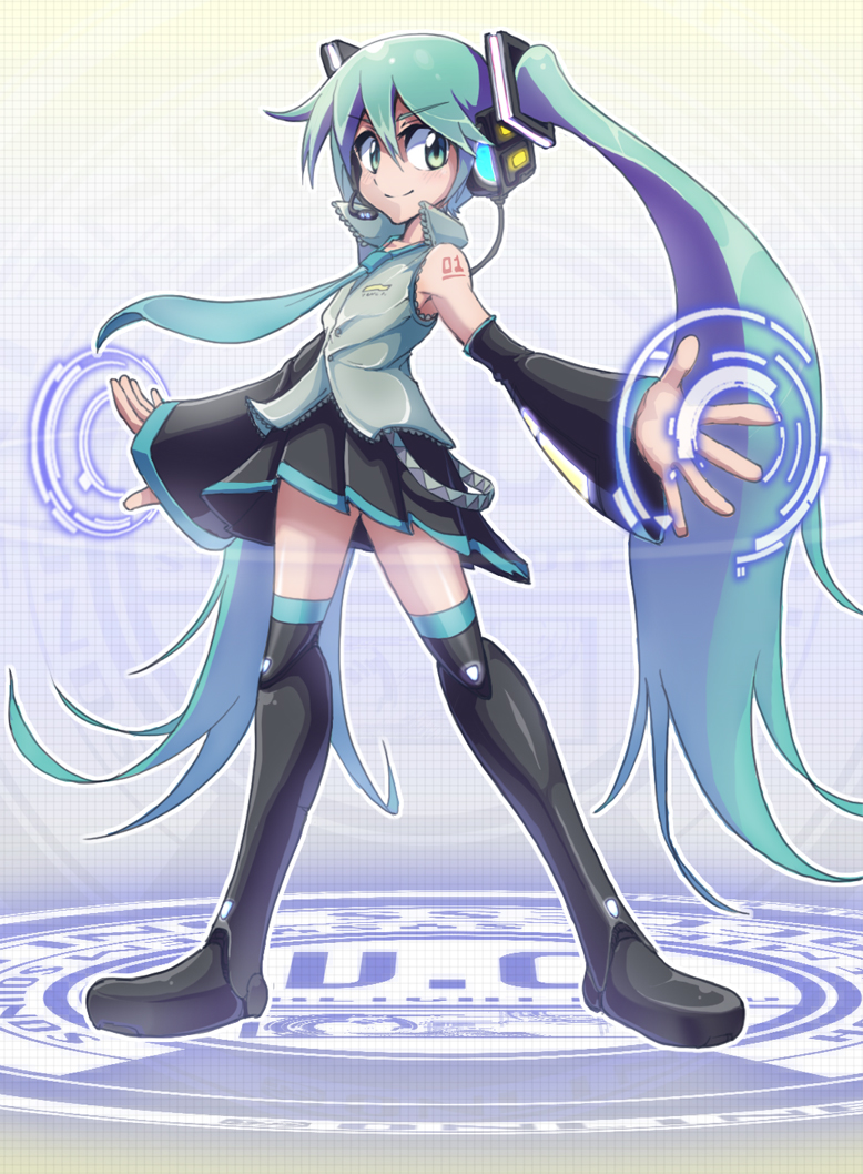 aqua_eyes aqua_hair bangs bare_shoulders black_legwear closed_mouth commentary_request detached_sleeves eyebrows_visible_through_hair flat_chest full_body hair_between_eyes hatsune_miku headphones headset long_hair miniskirt necktie simple_background skirt solo standing thighhighs twintails very_long_hair vocaloid white_background yuusuke_(5yusuke3)