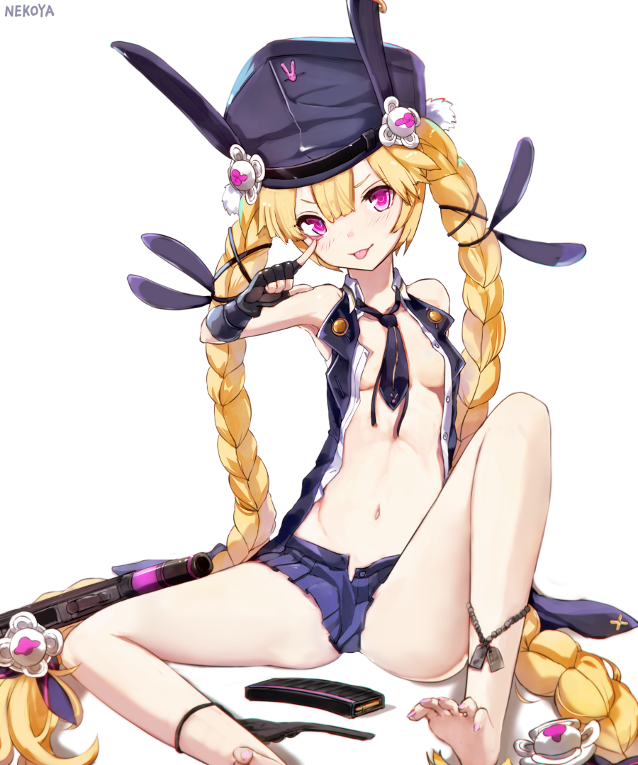 :p animal_ears animal_hat bangs bare_legs barefoot black_gloves black_hat black_jacket black_neckwear black_ribbon blonde_hair blue_skirt blush braid breasts bunny_ears bunny_hat closed_mouth commentary dog_tags dyolf ear_piercing elbow_gloves eyebrows_visible_through_hair fingerless_gloves girls_frontline gloves gun hair_between_eyes hair_ornament hair_ribbon hat head_tilt jacket long_hair looking_at_viewer magazine nail_polish navel necktie object_namesake open_clothes open_jacket open_shirt peaked_cap piercing pink_nails pleated_skirt purple_eyes ribbon shirt signature simple_background sitting skirt sleeveless sleeveless_jacket sleeveless_shirt small_breasts smile soles solo sr-3mp sr-3mp_(girls_frontline) toeless_legwear toenails tongue tongue_out twin_braids very_long_hair weapon white_background white_shirt