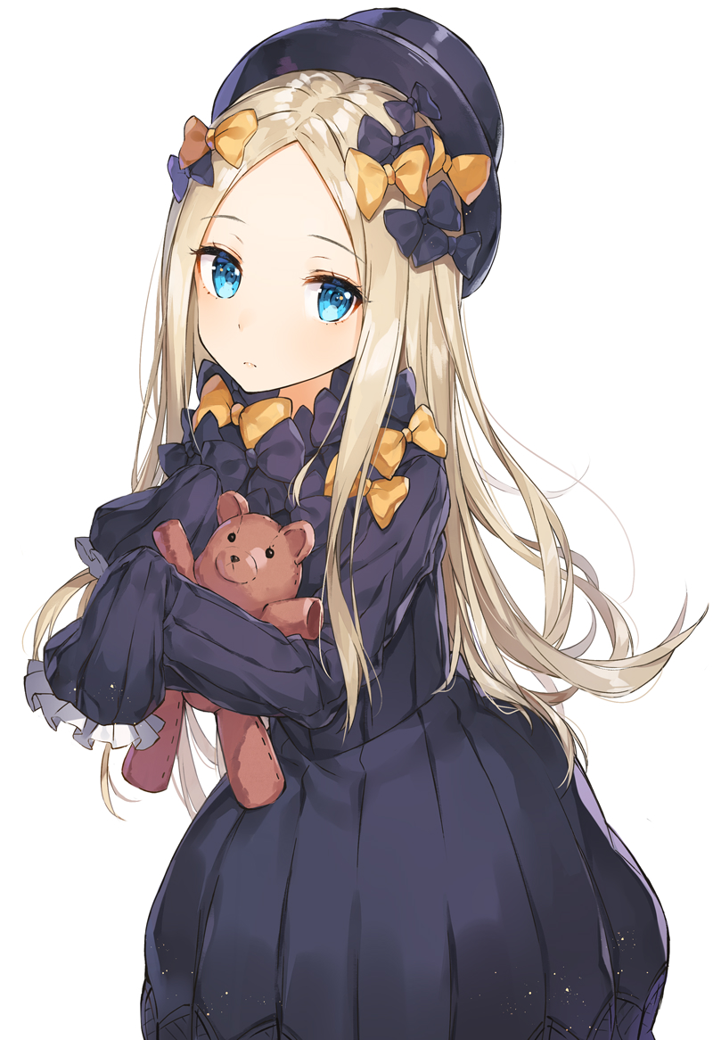 abigail_williams_(fate/grand_order) bad_id bad_pixiv_id bangs black_bow black_dress black_hat blonde_hair blue_eyes blush bow bug butterfly closed_mouth commentary_request dress eyebrows_visible_through_hair fate/grand_order fate_(series) forehead hair_bow hat insect long_hair long_sleeves looking_at_viewer object_hug orange_bow parted_bangs polka_dot polka_dot_bow rikoma simple_background sleeves_past_fingers sleeves_past_wrists solo stuffed_animal stuffed_toy teddy_bear very_long_hair white_background