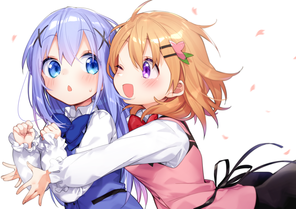 ;d bangs black_ribbon black_skirt blue_bow blue_eyes blue_hair blue_vest blush bow chestnut_mouth collared_shirt commentary_request eye_contact eyebrows_visible_through_hair fingernails gochuumon_wa_usagi_desu_ka? hair_between_eyes hair_ornament hairclip hoto_cocoa hug hug_from_behind kafuu_chino light_brown_hair long_hair looking_at_another looking_back multiple_girls one_eye_closed open_mouth outstretched_arms parted_lips pink_vest purple_eyes rabbit_house_uniform red_bow ribbon shirt skirt sleeves_past_wrists smile sweat tousaki_shiina uniform very_long_hair vest waitress white_shirt x_hair_ornament