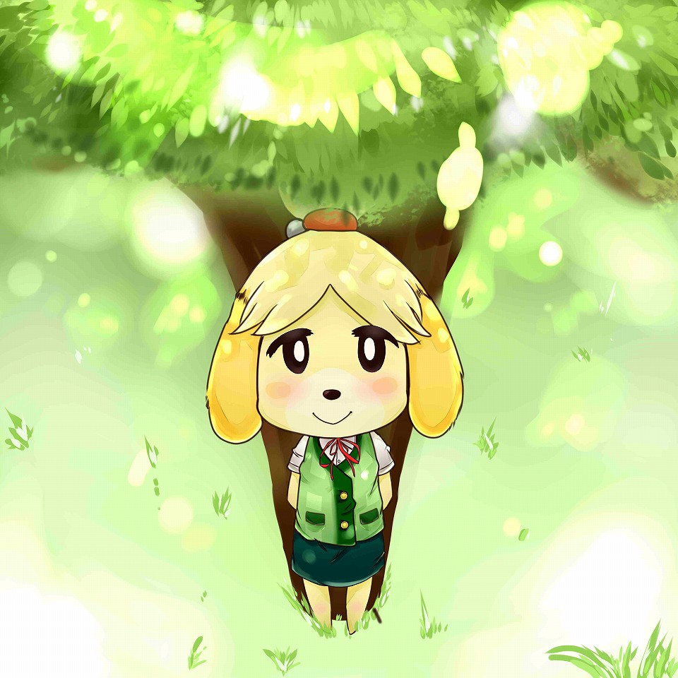 animal_crossing barefoot black_eyes blonde_hair blush blush_stickers canine clothing compression_artifacts dog female fur grass hair hands_behind_back happy isabelle_(animal_crossing) looking_at_viewer looking_up mammal nintendo outside ribbons sake_(pixiv) shih_tzu shirt short_hair skirt smile solo tied_hair topknot tree vest video_games yellow_fur