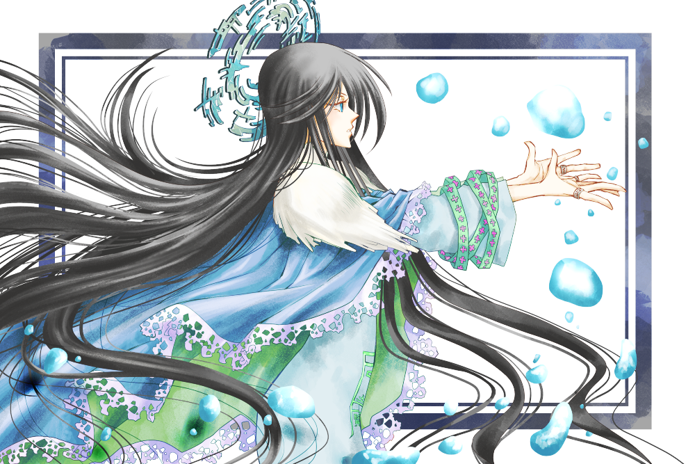 bangs black_hair blue_cape blue_eyes bubble cape floating_hair frame houshin_engi jewelry long_hair open_hands outside_border outstretched_arms outstretched_hand palms profile ring ryuukitsu_koushu simple_background solo tayana_(ddxc8574) very_long_hair white_background