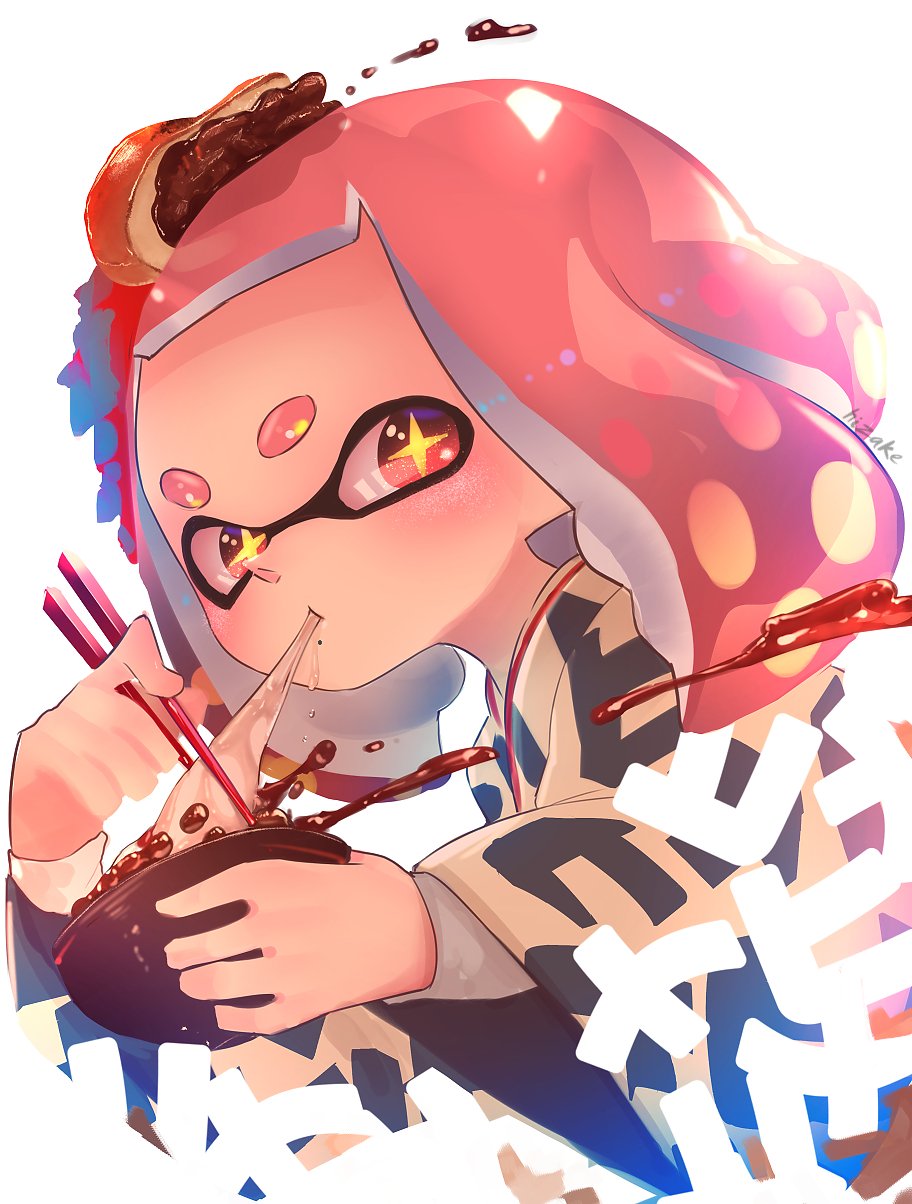 1girl anpan bad_id bad_twitter_id bowl chopsticks eating food food_in_mouth food_on_head haori highres hime_(splatoon) holding holding_bowl holding_chopsticks japanese_clothes kashu_(hizake) long_sleeves looking_at_viewer medium_hair mole mole_under_mouth object_on_head oshiruko_(food) pink_eyes pink_hair short_eyebrows sideways_glance signature simple_background solo splatoon_(series) splatoon_2 tentacle_hair thick_eyebrows upper_body white_background wide_sleeves
