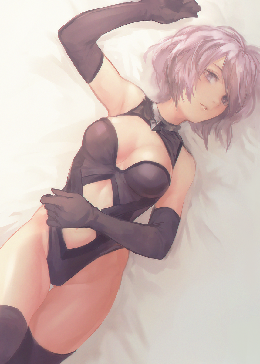 black_gloves black_legwear breasts cleavage_cutout elbow_gloves fate/grand_order fate_(series) gloves highres leotard looking_at_viewer lying mash_kyrielight medium_breasts navel_cutout on_back otsukemono parted_lips purple_eyes purple_hair short_hair solo thigh_gap thighhighs