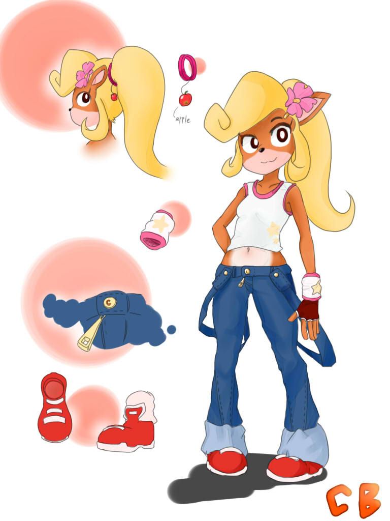 :3 apple bandicoot blonde_hair breasts brown_eyes clothing coco_bandicoot collarbone compression_artifacts crash_bandicoot_(series) english_text female flower flower_in_hair food footwear fruit full_body gloves hair happy mammal marsupial midriff multiple_angles navel pants pigeon_toed plant ponytail sake_(pixiv) shirt shoes simple_background small_breasts smile solo standing tank_top text tied_hair video_games white_background wristband zipper