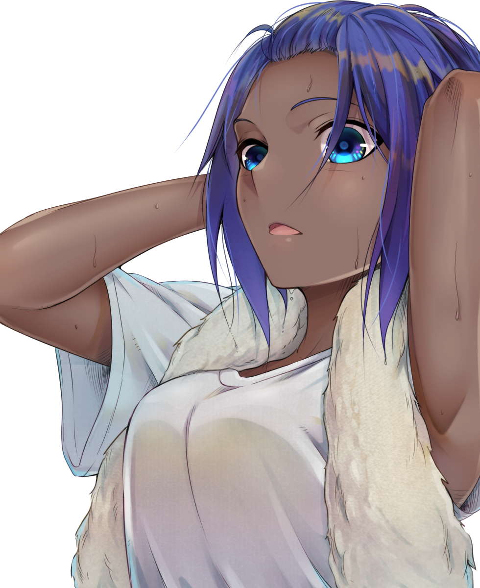 armpits arms_behind_head arms_up blue_eyes breasts commentary_request dark_skin fate/prototype fate/prototype:_fragments_of_blue_and_silver fate_(series) hair_slicked_back hassan_of_serenity_(fate) highres looking_at_viewer medium_breasts open_mouth purple_hair shiny shiny_hair shirt short_hair short_sleeves shunga_(shun608) sidelocks simple_background solo towel towel_around_neck upper_body wet wet_hair white_background white_shirt white_towel