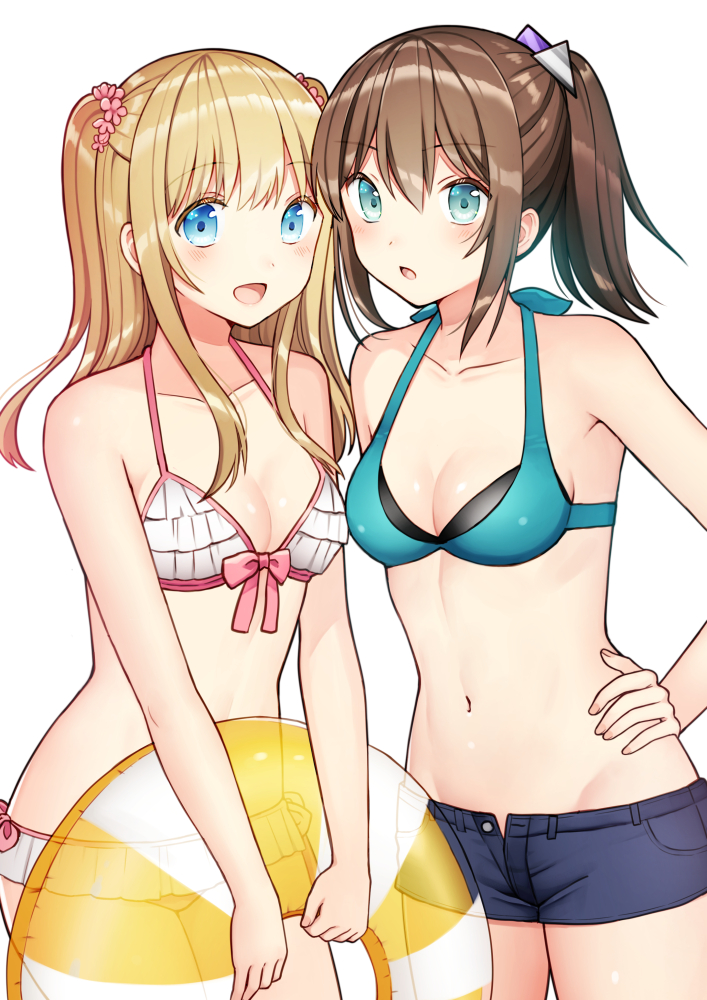 :d bangs bare_arms bare_shoulders bikini blonde_hair blue_bikini_top blue_eyes blue_shorts blush bow breasts brown_hair collarbone eyebrows_visible_through_hair flower green_eyes hair_between_eyes hair_flower hair_ornament halter_top halterneck hand_on_hip holding holding_innertube innertube kurata_rine long_hair looking_at_viewer md5_mismatch multiple_girls navel open_clothes open_fly open_mouth open_shorts original parted_lips pink_flower ponytail short_shorts shorts simple_background small_breasts smile swimsuit transparent two_side_up white_background white_bikini