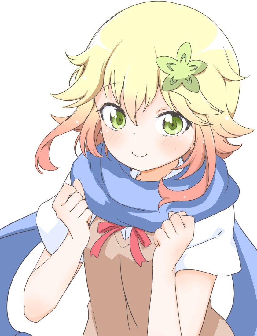 9so_(ponchon) blonde_hair blue_scarf chisaki_tapris_sugarbell clenched_hands eyebrows_visible_through_hair flower gabriel_dropout green_eyes hair_flower hair_ornament hands_up light_brown_sweater looking_at_viewer neck_ribbon red_neckwear red_ribbon ribbon scarf school_uniform shirt short_hair short_sleeves simple_background smile solo sweater sweater_vest upper_body white_background white_shirt
