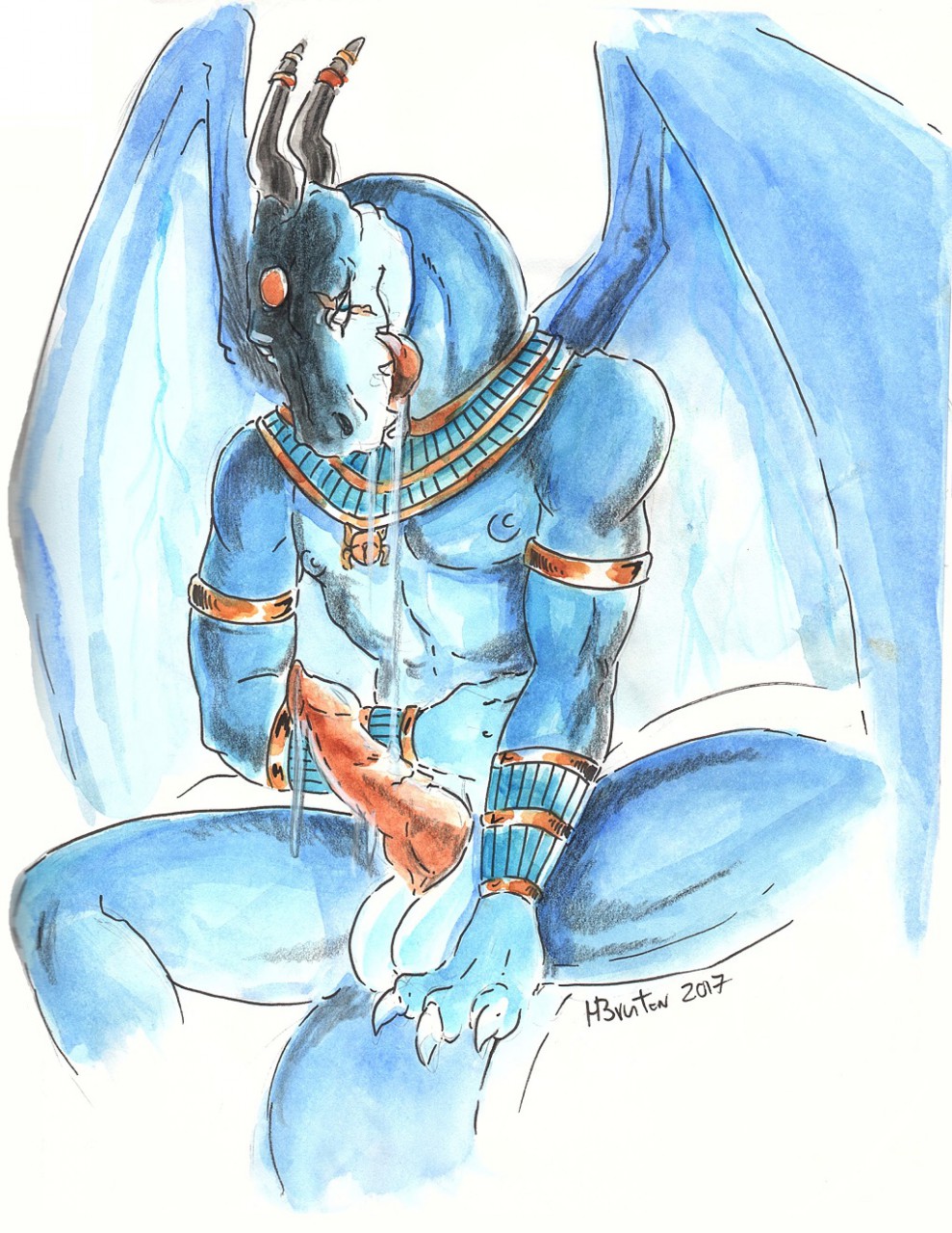 2017 anthro dragon drooling egyptian erection heather_bruton horn jewelry looking_at_viewer male markings nipples penis saliva scalie scar solo tongue wings