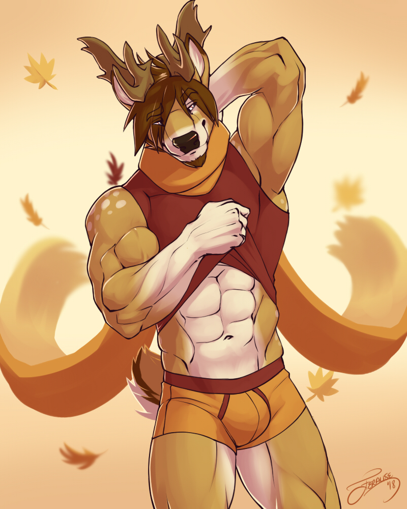2018 5_fingers abs anthro antlers autumn beard biceps boxer_briefs brown_hair brown_nose bulge cervine clothed clothing clothing_lift eyebrows facial_hair falling_leaves feralise gloves_(marking) hair hand_behind_head horn jegermaistro leaves looking_aside male mammal markings multicolored_skin muscular muscular_male muscular_thighs orange_eyes pecs raised_eyebrows shirt shirt_lift smile solo spots standing tan_skin tank_top two_tone_skin underwear undressing white_skin