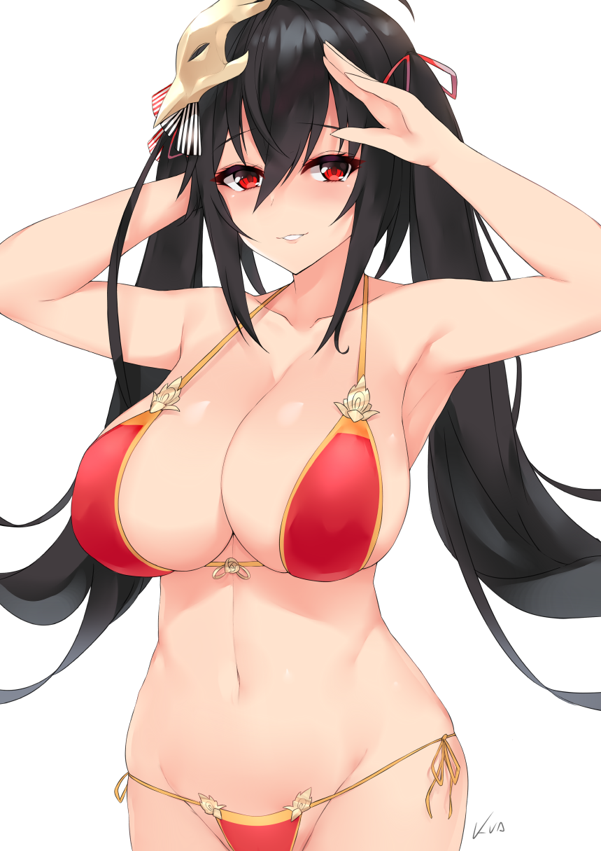 arm_behind_back arm_up armpits azur_lane bikini black_hair breasts cleavage collarbone eyebrows_visible_through_hair front-tie_top groin hair_between_eyes hair_ornament hair_ribbon highres kuavera large_breasts long_hair looking_at_viewer navel parted_lips red_bikini red_eyes red_ribbon ribbon side-tie_bikini signature simple_background smile solo swimsuit taihou_(azur_lane) tied_hair twintails white_background wide_hips