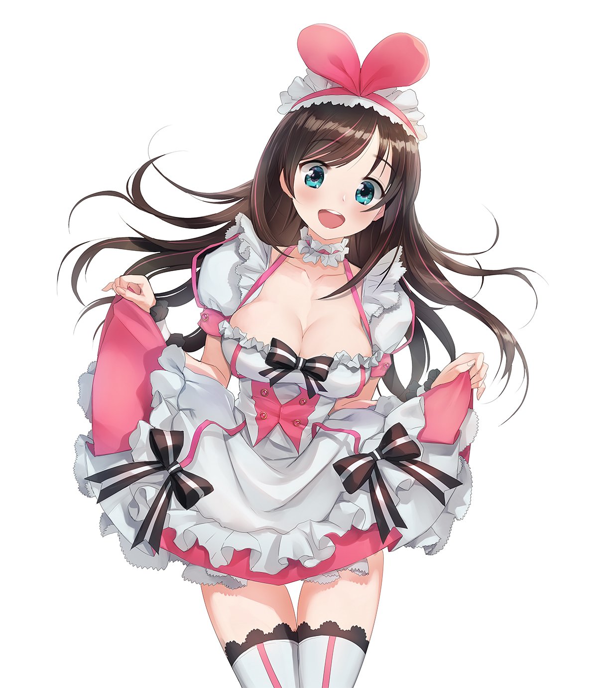 a.i._channel adapted_costume apron bangs black_bow black_scrunchie blue_eyes blush bow breasts brown_hair choker cleavage collarbone commentary cowboy_shot curtsey dress eyebrows_visible_through_hair frilled_apron frills hands_up happy head_tilt highres jpeg_artifacts kizuna_ai long_hair looking_at_viewer maid_headdress medium_breasts mhk_(mechamania) multicolored_hair open_mouth pink_dress puffy_short_sleeves puffy_sleeves scrunchie shiny shiny_hair short_sleeves simple_background smile solo standing streaked_hair teeth thigh_gap thighhighs two-tone_hair white_apron white_background white_legwear wrist_scrunchie zettai_ryouiki