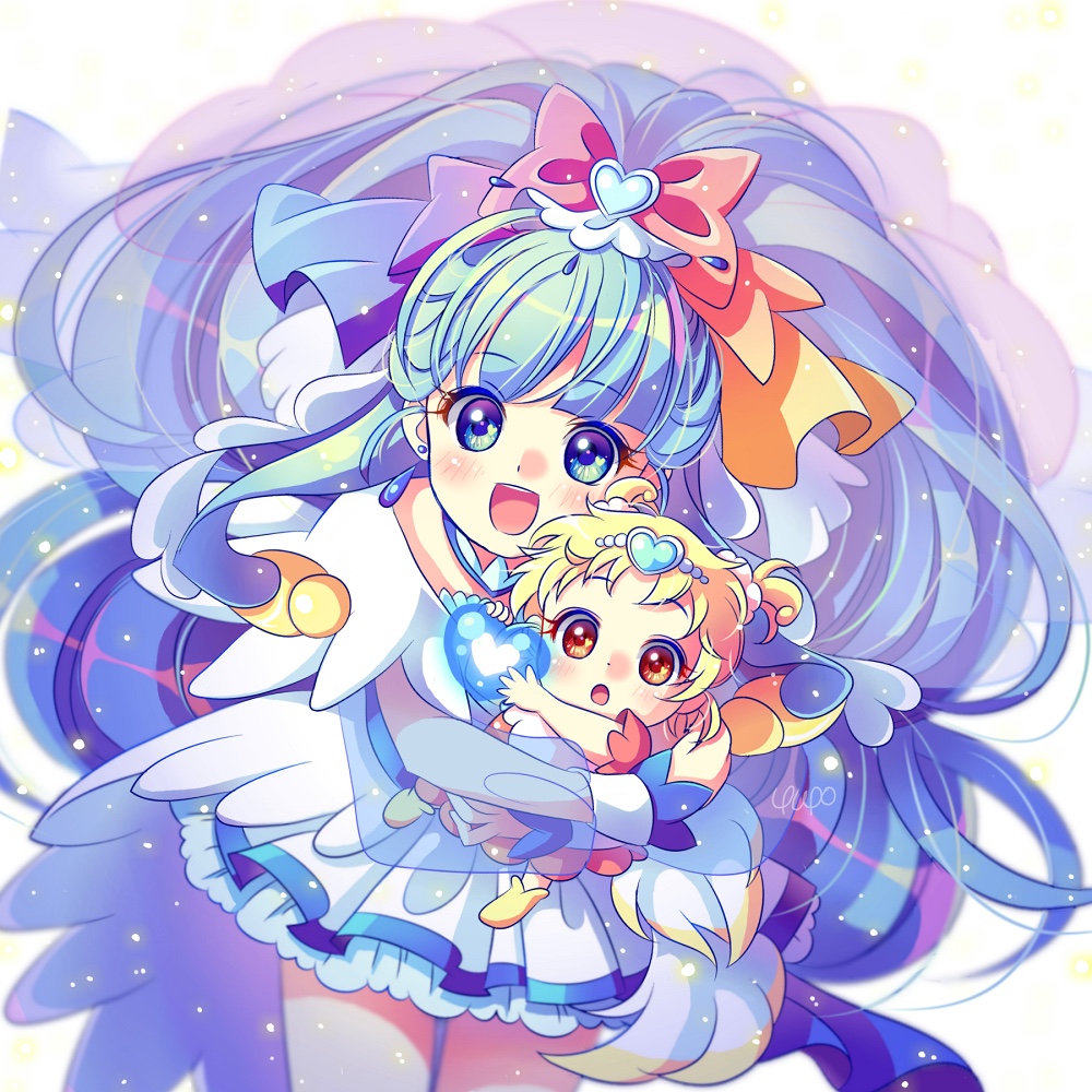 :d :o artist_name baby blonde_hair blue_eyes blue_hair blush bow brown_eyes cheerful_style child_carry commentary_request cowboy_shot cure_ange dress dutch_angle earrings hair_bow hair_ornament head_wings heart heart_hair_ornament hug-tan_(precure) hugtto!_precure jewelry leaning_forward long_hair looking_at_viewer magical_girl multiple_girls open_mouth partial_commentary precure round_teeth shoes short_hair short_twintails signature simple_background smile sparkle teeth twintails upper_teeth veil white_background wrist_cuffs yakushiji_saaya yupo_(yupo4069)