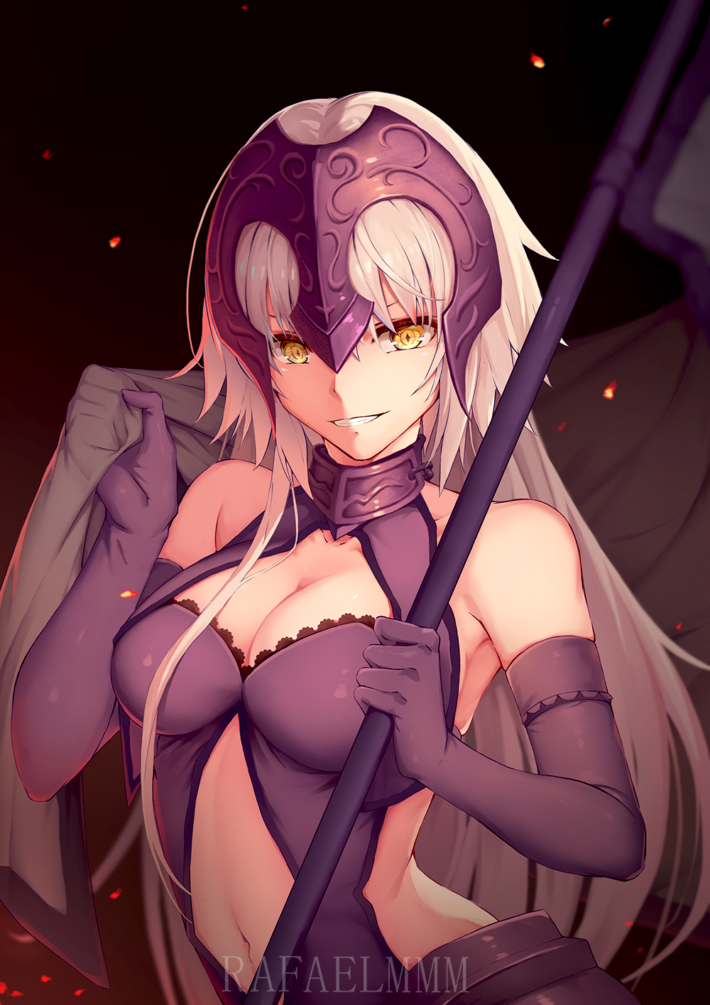 armpit_peek artist_name bangs banner bare_shoulders black_gloves blanket breasts cleavage cleavage_cutout collar collarbone commentary_request dress elbow_gloves fate/grand_order fate_(series) faulds gloves grin head_tilt highres holding jeanne_d'arc_(alter)_(fate) jeanne_d'arc_(fate)_(all) long_hair looking_at_viewer medium_breasts midriff military military_uniform naval_uniform navel_cutout parted_lips rafael-m skindentation sleeveless sleeveless_dress smile solo stomach straight_hair teeth uniform upper_body v-shaped_eyebrows very_long_hair white_hair yellow_eyes