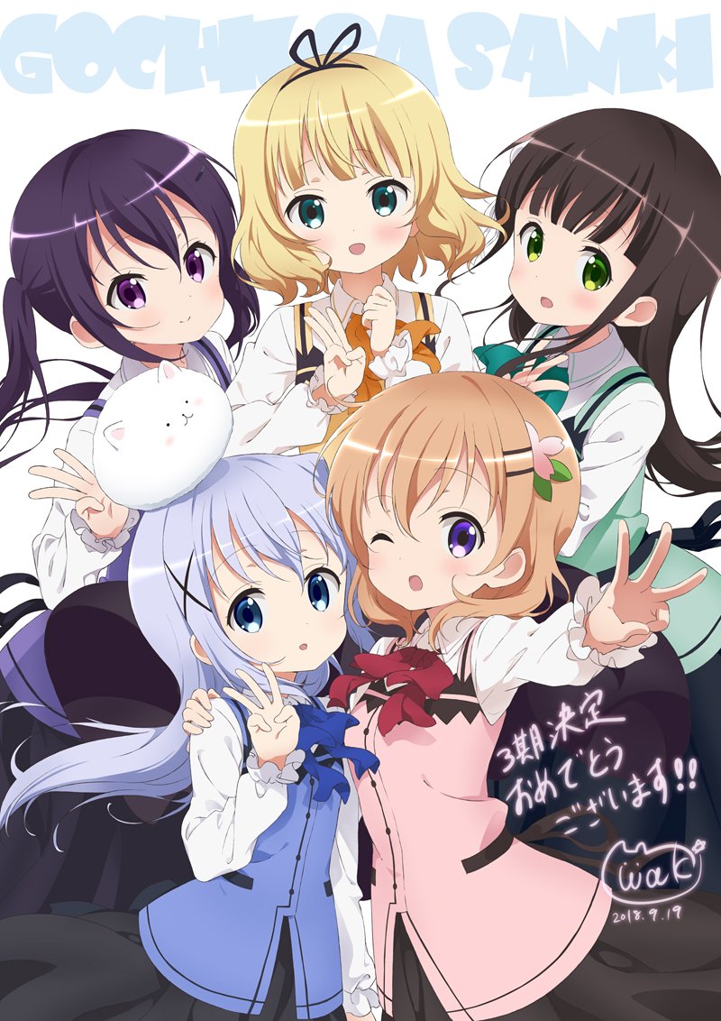 ;d angora_rabbit animal bangs black_skirt blonde_hair blue_bow blue_eyes blue_hair blue_vest blunt_bangs blush bow brown_hair bunny closed_mouth collared_shirt commentary_request copyright_name eyebrows_visible_through_hair gochuumon_wa_usagi_desu_ka? green_bow green_eyes green_vest hair_between_eyes hair_ornament hairclip hand_on_another's_shoulder hoto_cocoa kafuu_chino kirima_sharo light_brown_hair long_hair long_sleeves multiple_girls neki_(wakiko) on_head one_eye_closed open_mouth orange_bow outstretched_arm parted_lips pink_vest purple_eyes purple_hair purple_vest rabbit_house_uniform red_bow shirt signature simple_background skirt smile tedeza_rize tippy_(gochiusa) translation_request ujimatsu_chiya uniform very_long_hair vest w waitress white_background white_shirt yellow_vest