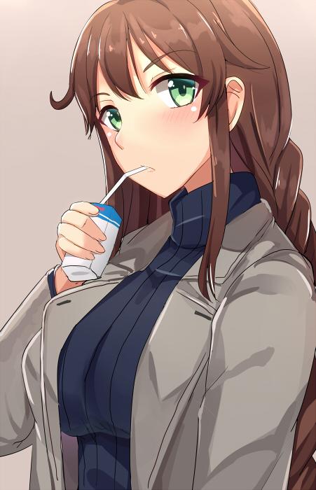 alternate_costume bangs blue_eyes blue_sweater blush braid breasts brown_hair carton casual commentary_request drinking drinking_straw eyebrows_visible_through_hair green_eyes grey_jacket holding jacket kantai_collection large_breasts long_hair long_sleeves looking_at_viewer noshiro_(kantai_collection) open_clothes open_jacket ribbed_sweater shinyashiki sidelocks solo sweater swept_bangs twin_braids upper_body