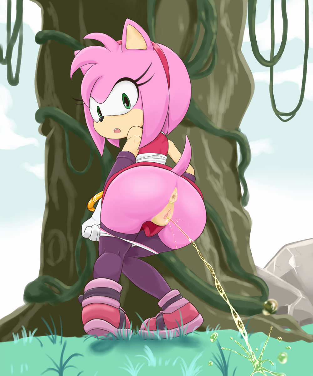 amy_rose bracelet butt clitoris clothing cloud dress female footwear gloves grass green_eyes hairband hi_res jewelry legwear looking_back looking_down open_mouth outside panties panty_pull peeing pussy rear_view rock sake_(pixiv) shoes sky solo sonic_(series) standing teeth thigh_highs tree uncensored underwear urine vines