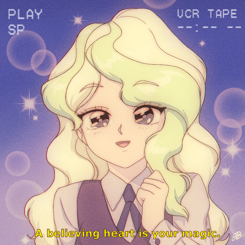 90s anime_coloring blonde_hair bluethebone comic commentary curly_hair diana_cavendish english english_commentary eyes fake_screenshot film_grain hand_up light_green_hair light_particles little_witch_academia long_hair long_sleeves luna_nova_school_uniform multicolored_hair parody play_button retro smile solo sparkle streaked_hair style_parody subtitled two-tone_hair upper_body vhs_artifacts