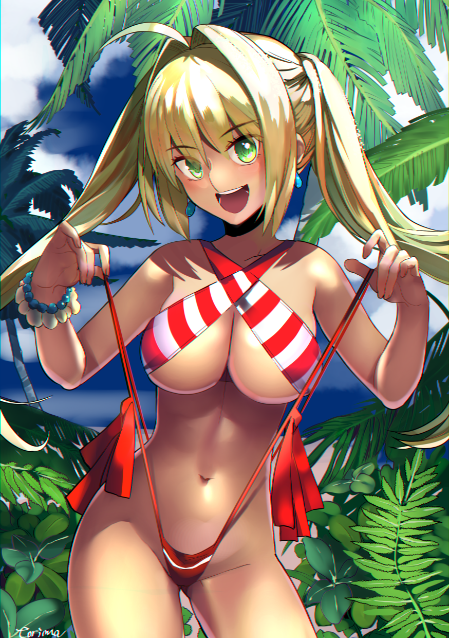 :d ahoge bangs bare_arms bare_shoulders beach bikini bikini_lift blonde_hair blue_sky blurry blurry_background blush breasts cleavage cloud cloudy_sky collarbone commentary_request criss-cross_halter day depth_of_field eyebrows_visible_through_hair fate/grand_order fate_(series) fingernails green_eyes groin hair_between_eyes hair_intakes halterneck hands_up head_tilt highres large_breasts lifted_by_self long_hair navel nero_claudius_(fate)_(all) nero_claudius_(swimsuit_caster)_(fate) ocean open_mouth outdoors palm_tree red_bikini_bottom round_teeth sand side-tie_bikini sidelocks signature sky smile solo standing striped_bikini_top swimsuit teeth torimahera tree twintails upper_teeth water