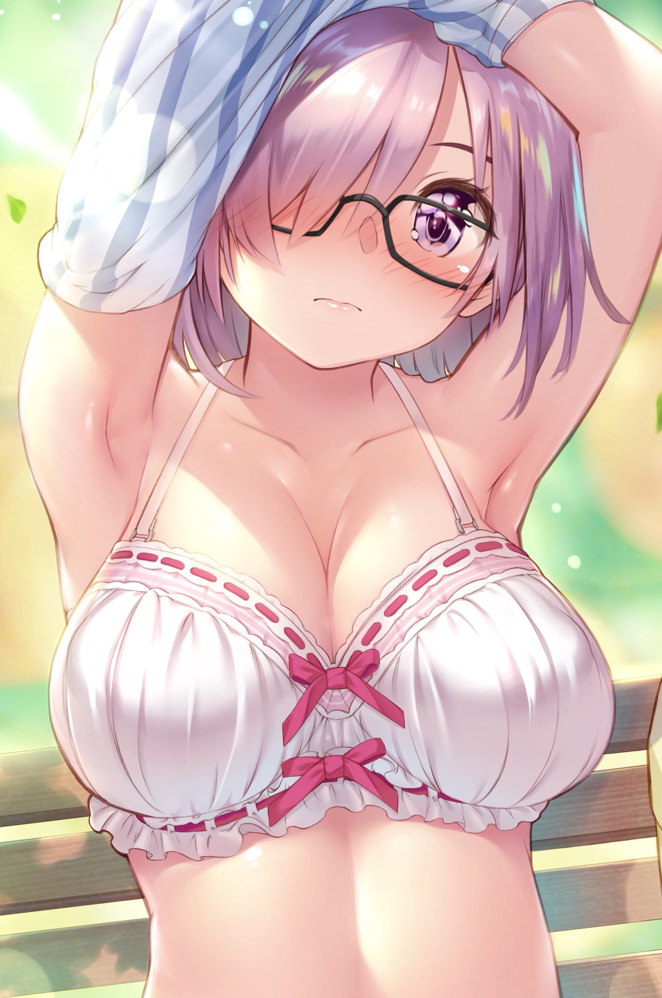 armpits arms_behind_head arms_up bare_shoulders blush bow bow_bra bra breasts cleavage closed_mouth collarbone fate/grand_order fate_(series) glasses hair_over_one_eye hamadamiku01 highres large_breasts lavender_hair leaf lens_flare light_particles looking_at_viewer mash_kyrielight navel purple_eyes shirt_lift short_hair solo underwear white_bra