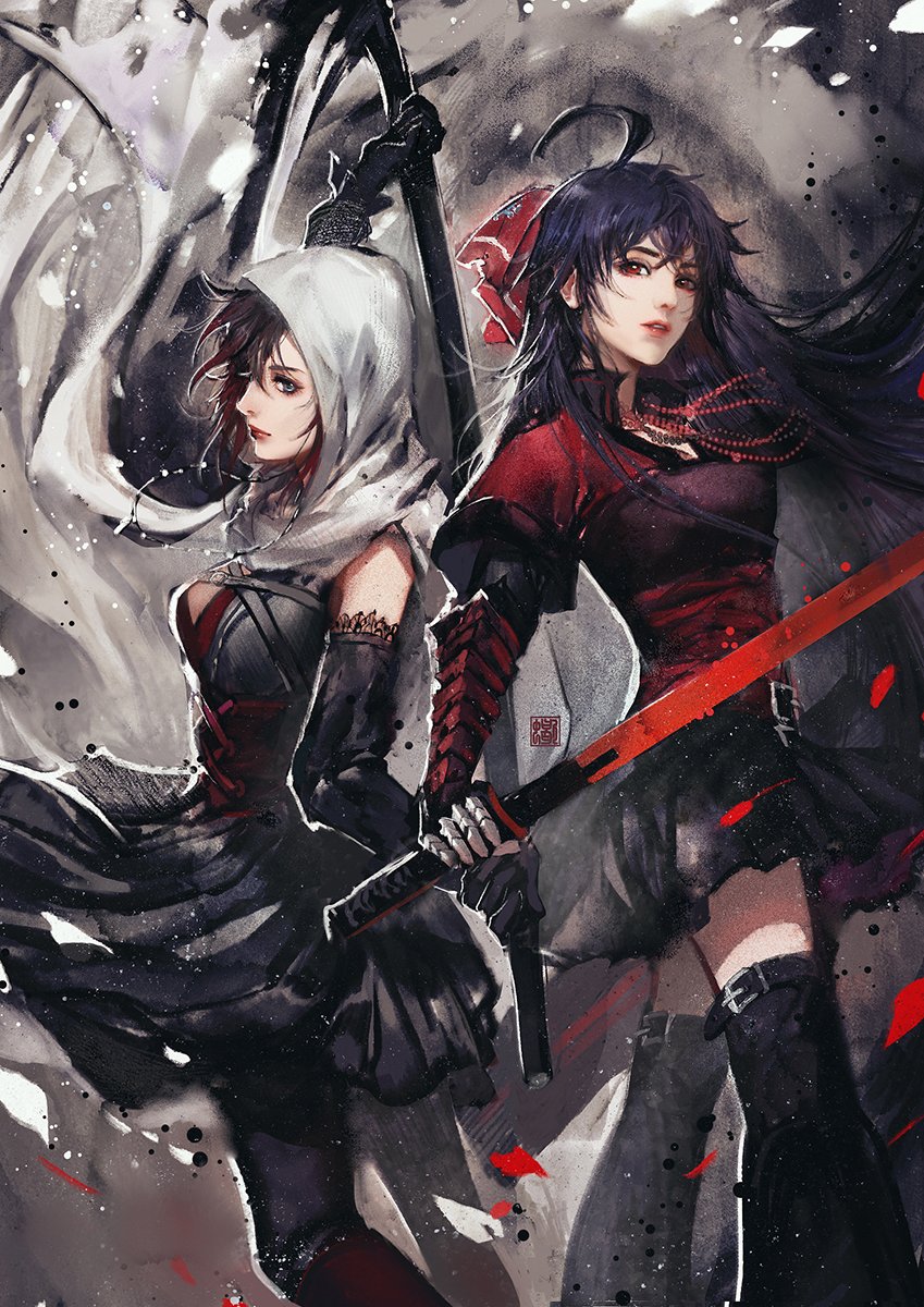 ahoge back-to-back bead_necklace beads black_hair cloak commentary corset cross gloves highres hood hooded_cloak jewelry katana lace lace-trimmed_gloves mature multiple_girls necklace petals raven_branwen rwby sasorainster scythe summer_rose sword weapon