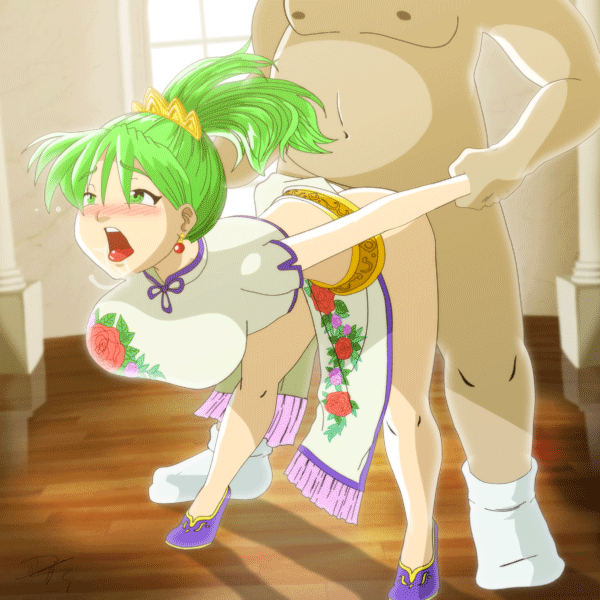 animated arm_grab ass bent_over blush bouncing_breasts breasts china_dress chinese_clothes clothed_sex crown cum doggystyle dress ds-djinn earrings estpolis_denki green_eyes green_hair hair_ornament jewelry legs lufia melphis moaning open_mouth ponytail princess rough_sex saliva sex thighs tied_hair tongue