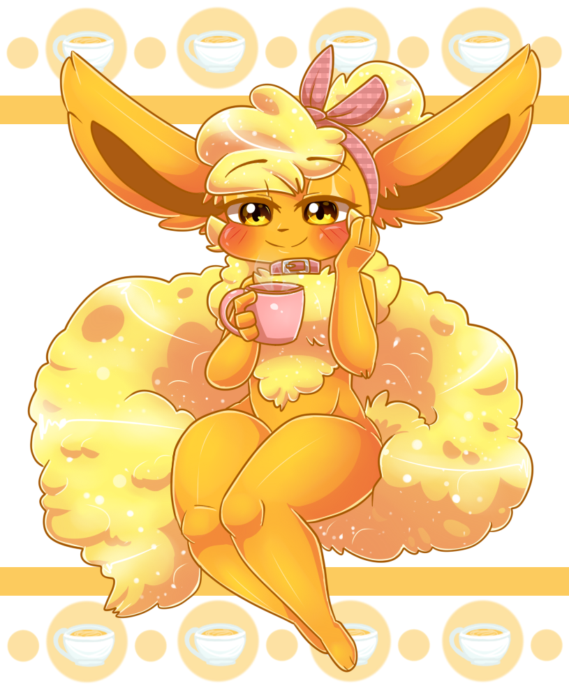 amber_eyes amelie_(hashu) anthro anthro_pokemon beverage big_ears big_tail blush bottomless clothed clothing coffee collar digital_media_(artwork) eeveelution featureless_feet female fire flareon fluffy fluffy_tail hand_on_cheek hashu looking_down nintendo nude petplay pok&eacute;mon pok&eacute;mon_(species) roleplay sitting smile solo thick_thighs video_games
