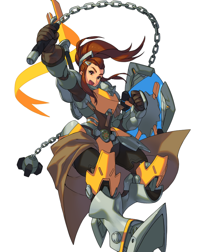 :d armor ball_and_chain boots breastplate brigitte_(overwatch) brown_eyes brown_gloves brown_hair clenched_hand floating_hair freckles gauntlets gloves holding holding_shield holding_weapon kotatsu_(g-rough) looking_at_viewer open_mouth overwatch ponytail shield simple_background smile solo waist_cape weapon white_background