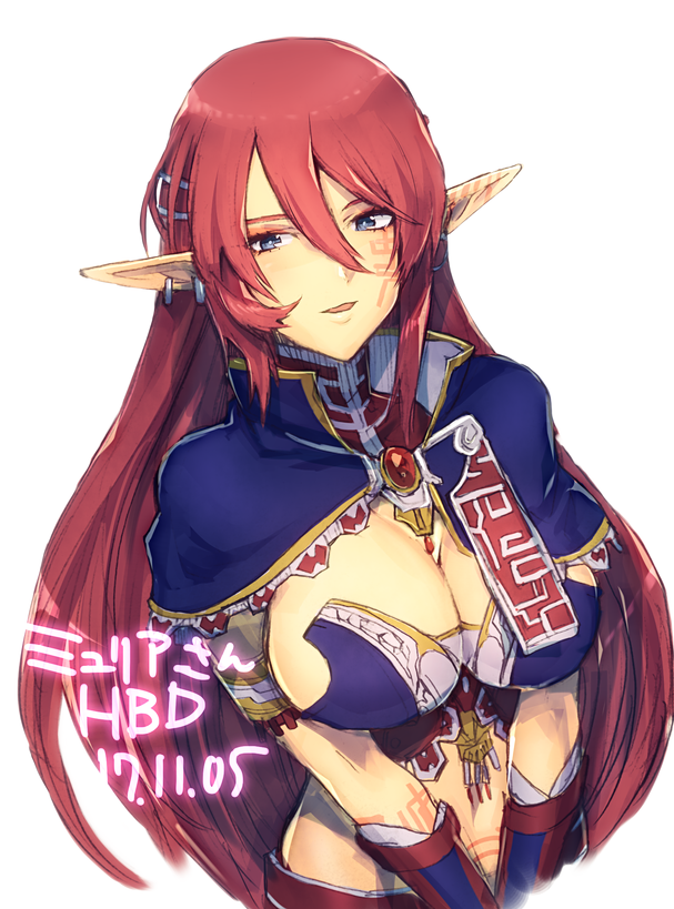 blue_eyes breasts capelet cleavage commentary_request earrings gloves jewelry large_breasts long_hair looking_at_viewer midriff murata_tefu myuria_tionysus open_mouth pointy_ears red_hair sidelocks simple_background skirt solo star_ocean star_ocean_the_last_hope very_long_hair white_background