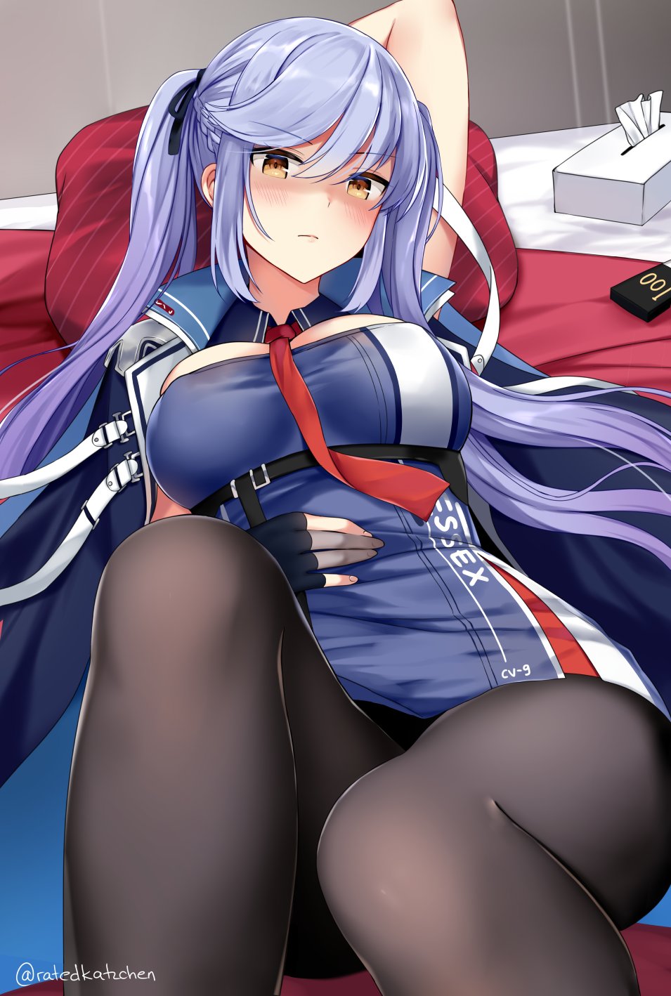 arm_behind_head arm_up azur_lane bangs bed_sheet black_gloves black_ribbon blue_cloak blue_hair blush braid breasts brown_eyes brown_legwear character_name closed_mouth clothes_writing commentary_request dress essex_(azur_lane) eyebrows_visible_through_hair fingerless_gloves fingernails french_braid gloves hair_ribbon hand_on_own_stomach head_tilt highres jacket kaetzchen knee_up large_breasts long_hair looking_at_viewer lying necktie on_back pantyhose pillow red_neckwear ribbon sidelocks skindentation solo strap tissue_box twintails twitter_username very_long_hair