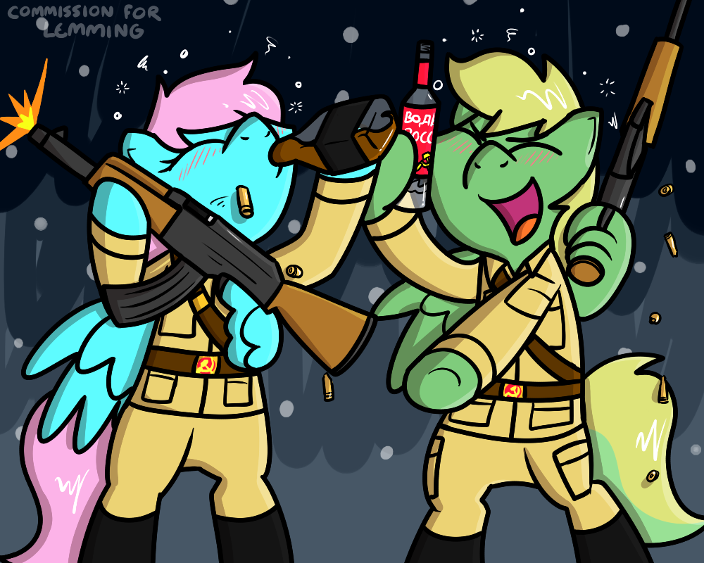2018 alcohol beverage clothed clothing digital_media_(artwork) fan_character female fur gun hair holding_object holding_weapon male mammal my_little_pony open_mouth pokefound ranged_weapon simple_background smile standing weapon