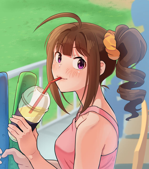 ahoge blush brown_hair closed_mouth collarbone cup drill_hair drinking_straw eyebrows_visible_through_hair from_side holding holding_cup idolmaster idolmaster_million_live! kamille_(vcx68) looking_at_viewer purple_eyes scrunchie short_hair side_drill smile solo upper_body yokoyama_nao