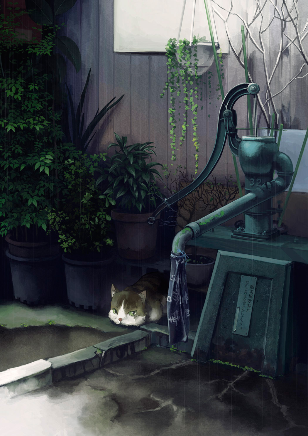 bonsai cat cloth concrete day fence green_eyes hand_pump hanging_plant highres kusakabe_(kusakabeworks) looking_at_viewer moss no_humans original outdoors plant potted_plant rain revision scenery tokyo_(city) translation_request wooden_wall