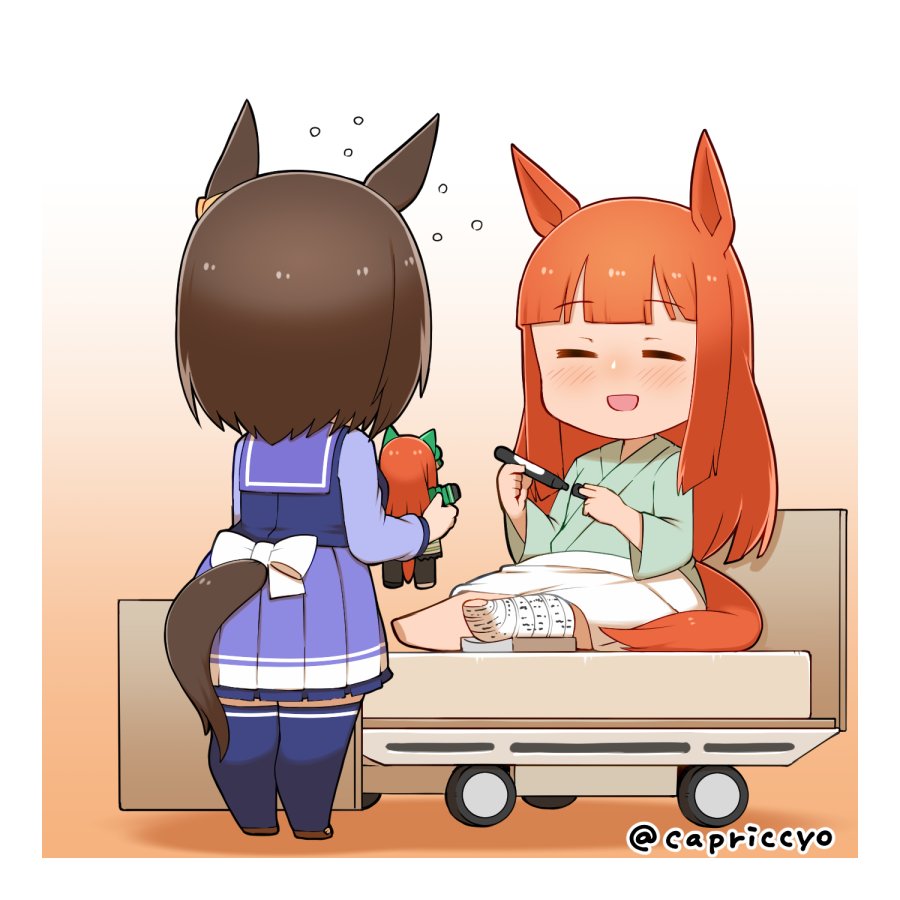 animal_ears bangs bed blunt_bangs brown_hair capriccyo cast character_doll chibi closed_eyes commentary_request from_behind full_body gradient gradient_background horse_ears horse_girl horse_tail hospital_bed hospital_gown leg_cast long_sleeves marker multiple_girls open_mouth orange_background orange_hair pleated_skirt school_uniform short_hair silence_suzuka skirt smile special_week tail twitter_username umamusume white_background