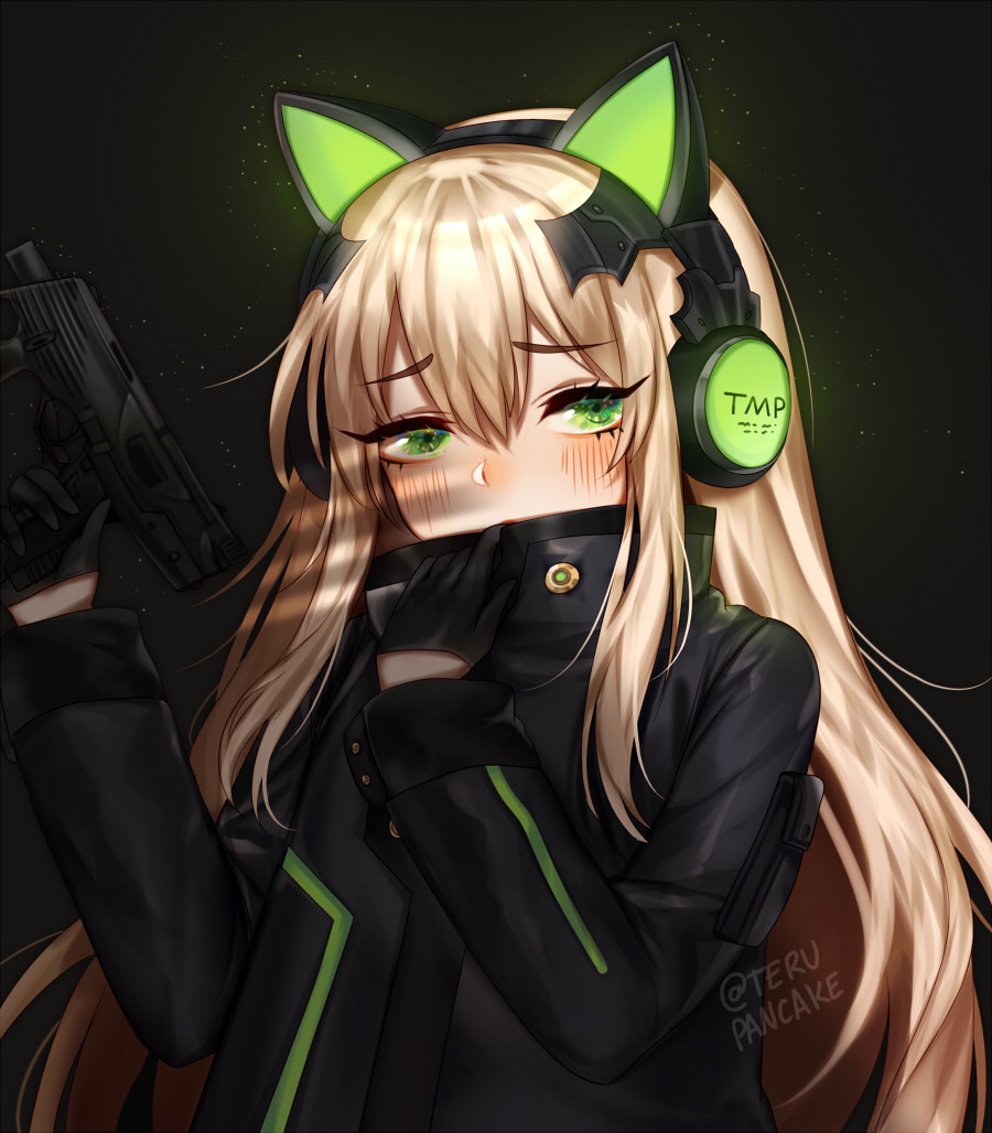 black_background black_gloves black_jacket blush cat_ear_headphones commentary covered_mouth embarrassed english_commentary eyebrows_visible_through_hair girls_frontline gloves green_eyes gun hair_between_eyes half_gloves headphones holding holding_gun holding_weapon jacket light_brown_hair long_hair long_sleeves looking_at_viewer solo steyr_tmp submachine_gun terupancake tmp_(girls_frontline) twitter_username upper_body weapon