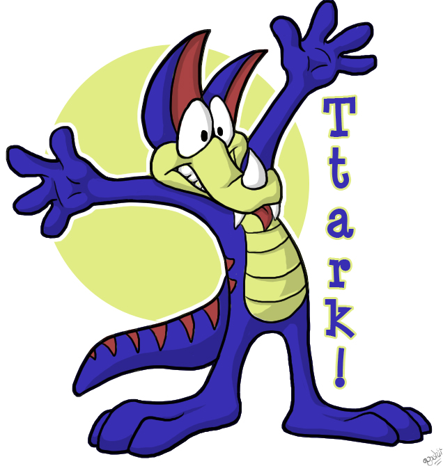 3_toes 4_fingers acteus anthro character_name dinosaur fangs horn kratts'_creatures outline purple_body raised_arm signature simple_background toes toony ttark white_background